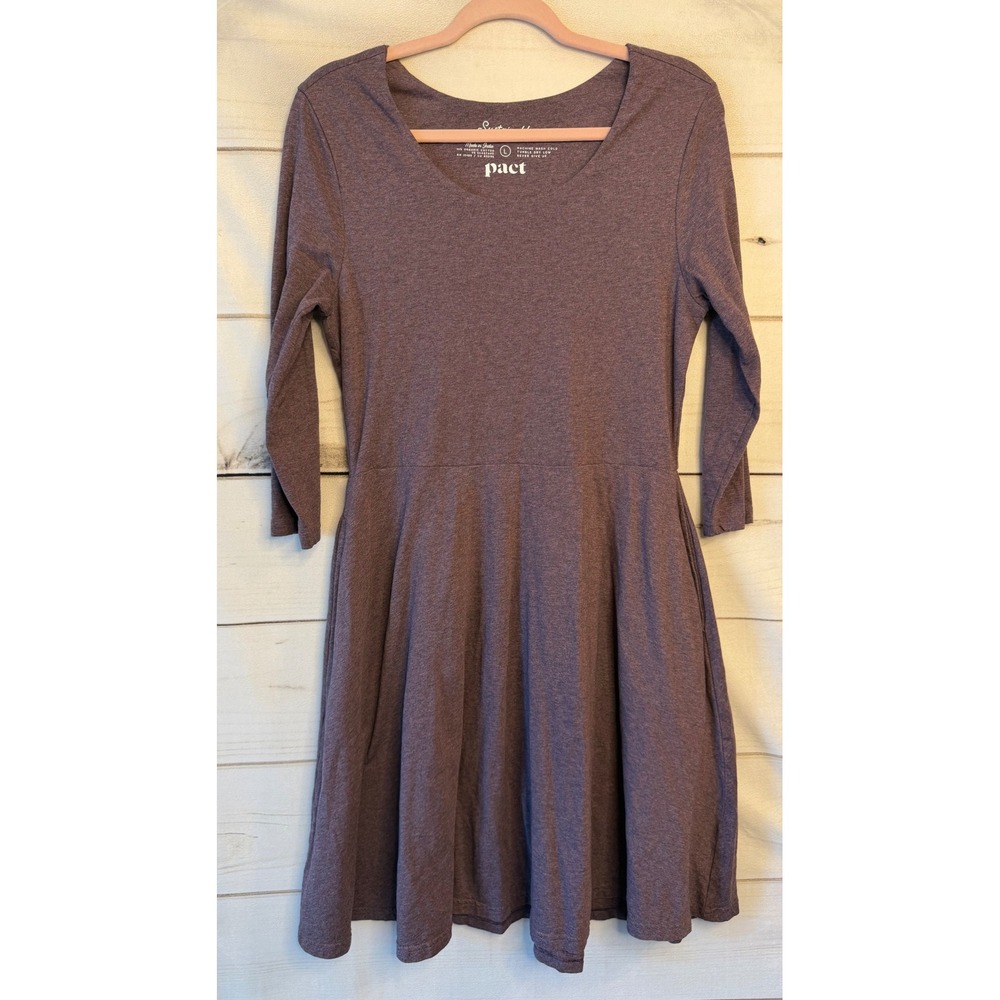 Pact Organic Cotton Fit and Flare Dress Heathered Plum Purple 3/4 Sleeve Large
